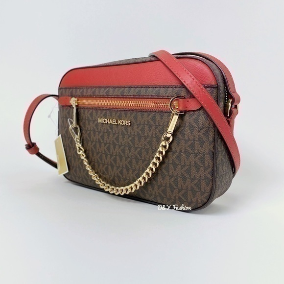 MICHAEL KORS Jet Set Large Logo Chain Crossbody Bag in Flame Red - Picture 1 of 7